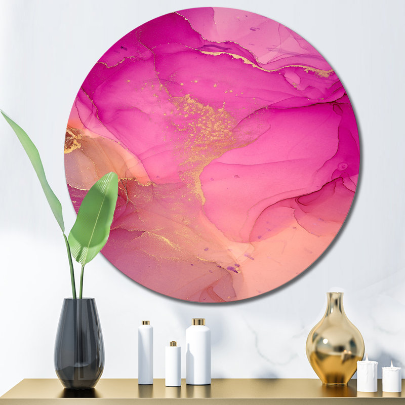 «Pink and Gold Ink Clouds» - art mural moderne en métal, H 11 po x l 11 po x P 1 po