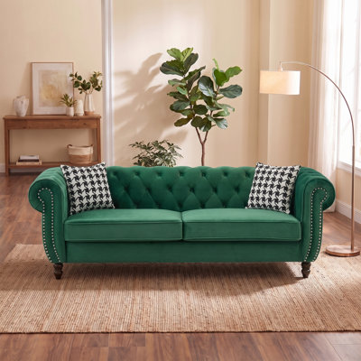 85" Mid Century Modern Chesterfield Sofa with Roll Armrest & Nailhead for Living Room, Office, Apartment