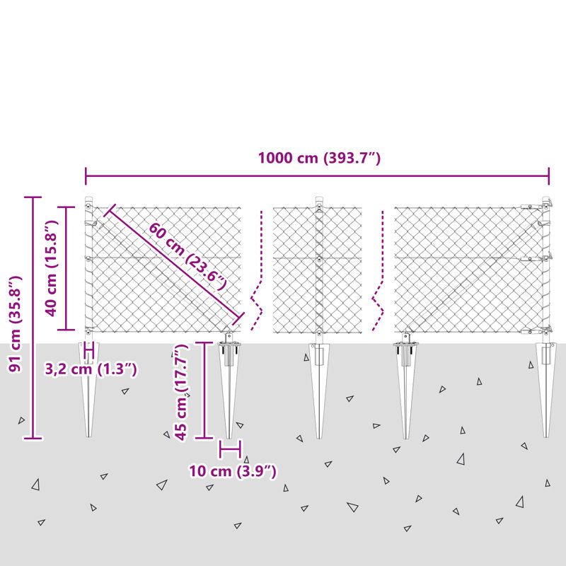Chain Link Fence With 7 Spike Posts Galvanised Steel, Silver, 40cm H x 1000cm W
