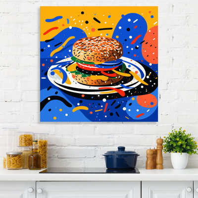 Bleu et jaune Pop Art Hamburger Brilliance - nourriture, art mural