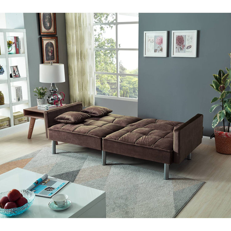 75.6'' Convertible Velvet Sofabed Sleeper Futon With 2 Pillows, Brown Brushed Velvet