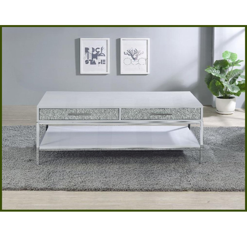 Table basse White Mirage: structure en fer chromé, plateau en mélamine de 15 mm avec 2 tiroirs silencieux et amp; Rangement