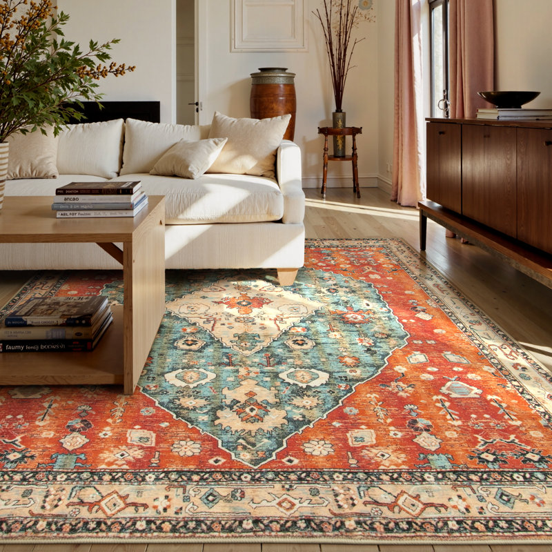 Boho Tribal Area Rugs for Living Room Washable Oriental Vintage Soft Dining Room Carpet, Square 6'