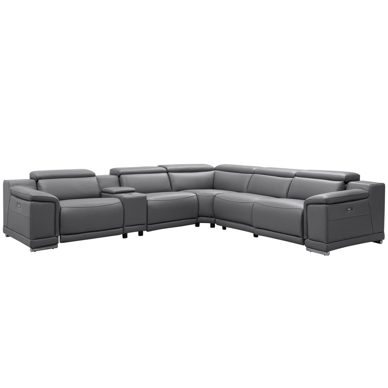 Leather Power Reclining Sectional with Cupholders and Charge Port, Dark Gray Genuine Leather