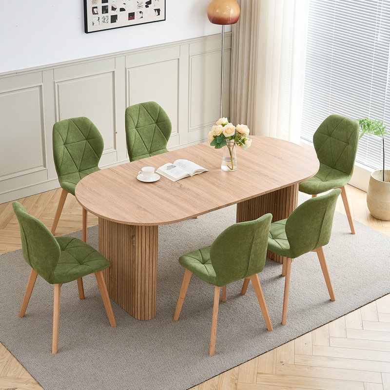 Modern Fabric Dining Chairs with Wooden Legs, Diamond Quilted Padded Side Chairs, Dark green, 6, Dark green