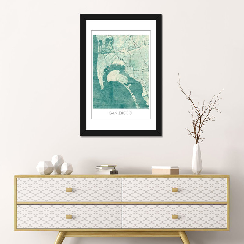 «San Diego Vintage Blue Watercolor Urban Blueprint Map», reproduction d'impression sur toile, H 24 po x l 16 po x P 1 po