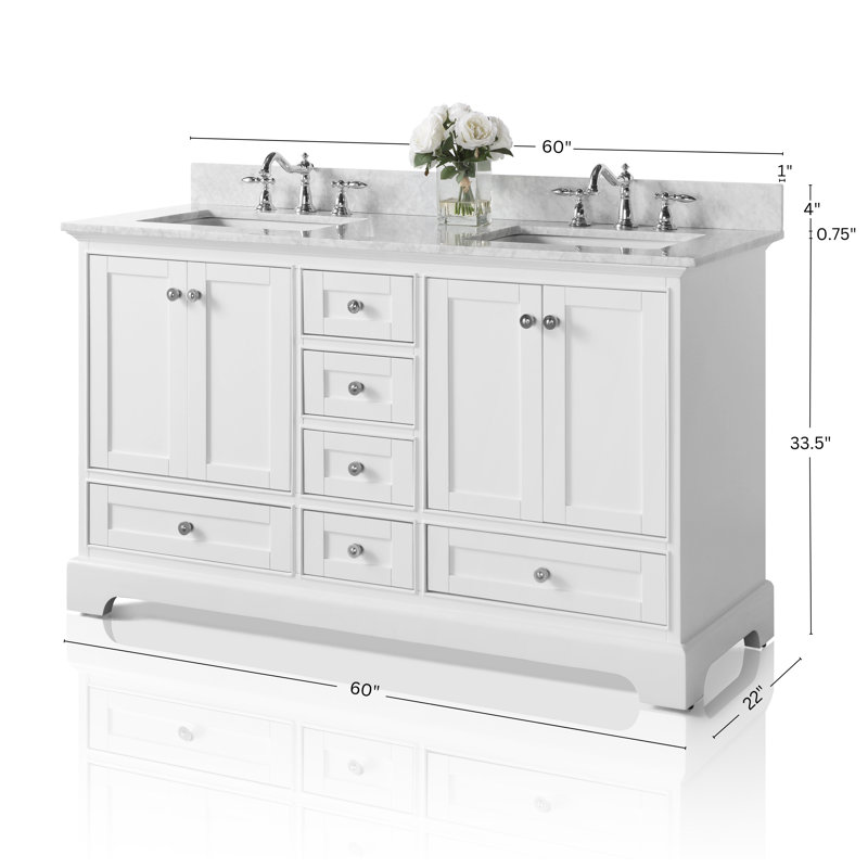 Audrey 60'' W Double Vanity, White/Brushed Nickel, Carrara White Marble