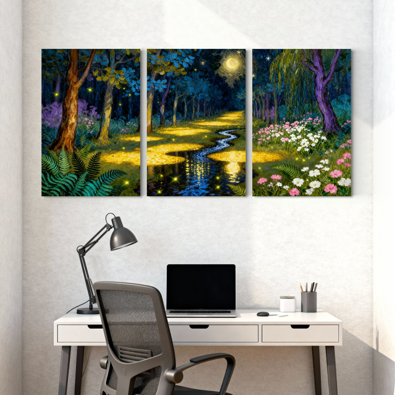 Abstrait forêt enchantée, paysage nocturne avec étoiles et fleurs, ensemble de 3 impressions sur toile, H 18 po x l 36 po