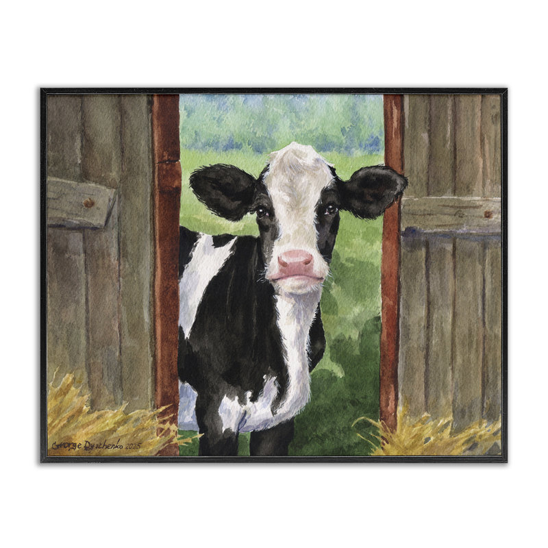 Vache dans une porte en bois giclée, conception par George Dyachenko, H 24 po x l 30 po, Giclée encadrée noir minuit