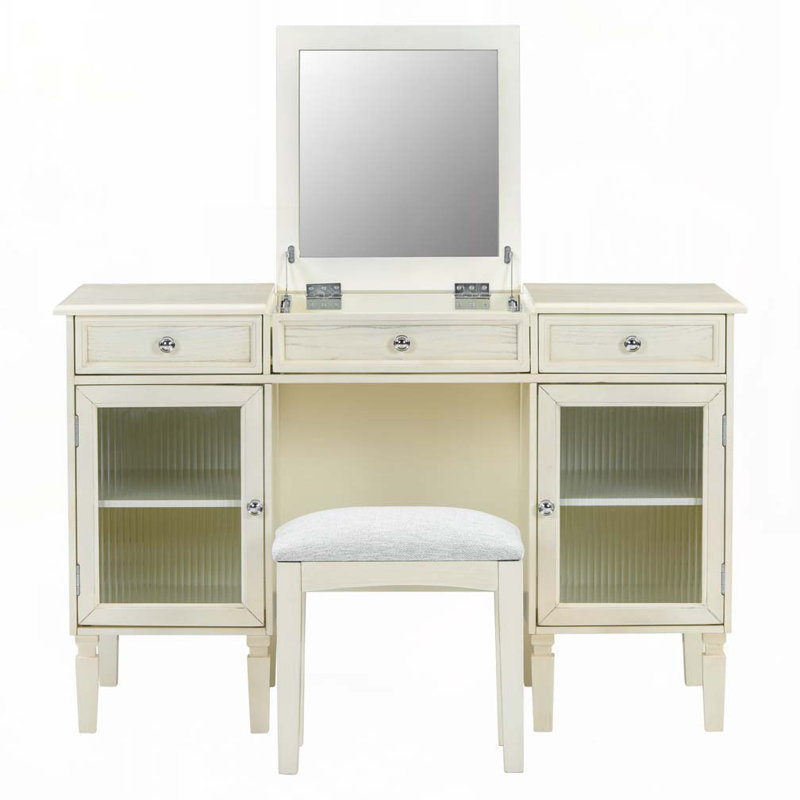 Ensemble de coiffeuse avec miroir rabattable, coiffeuse avec tiroir et armoire pour une routine beauté organisée