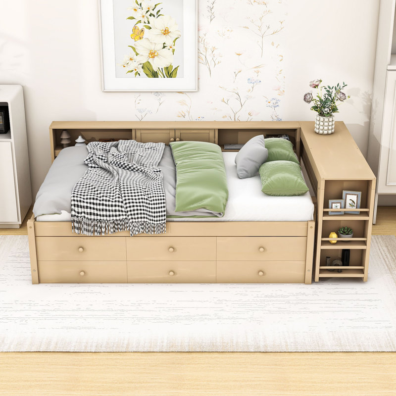 Wood Daybed with Pull-Out Trundle and Desk and Storage, Twin, Golden