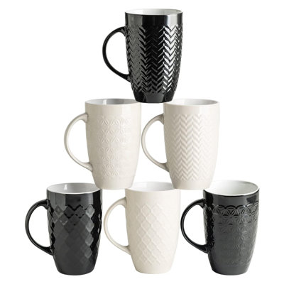 Large Coffee Mugs Set of 6, 20oz Ceramic Tall Coffee Mugs Set with Textured Geometric Patterns