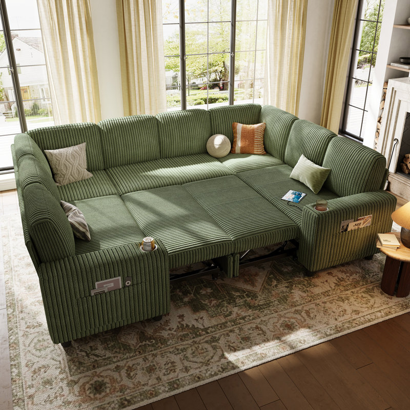 Sherry 106" Corduroy Sleeper Sectional With Storage Chaise & USB Charging, Bella Forest Green Corduroy