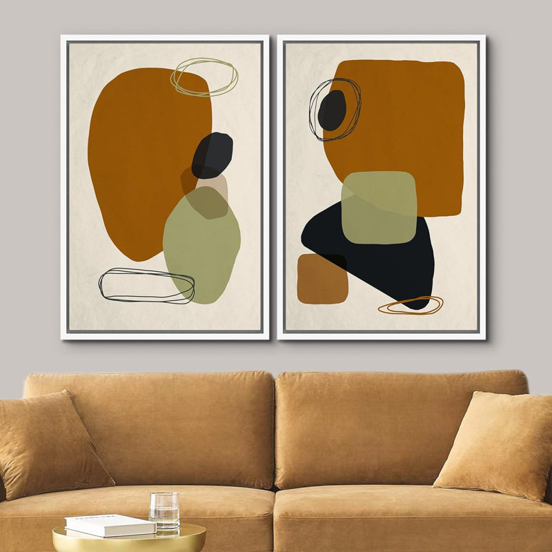 Reproduction de motif géométrique moderne sur toile Mid-Century, Cadre flottant blanc, H 24 po x l 32 po x P 1,5 po