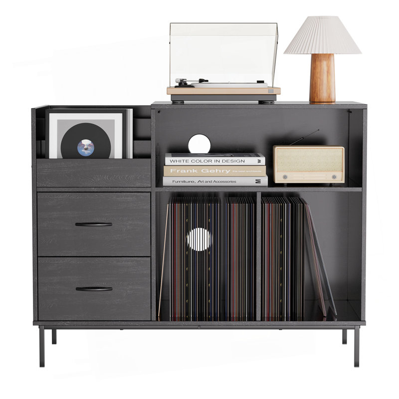 Record Player Stand With Power Outlet & Flip-Down Lid, Turntable Table With Storage For 300+ Vinyls, Black Wood Grain Media Console With 2 Drawers, 27.6" With Dust Protection, Some Assembly Required,