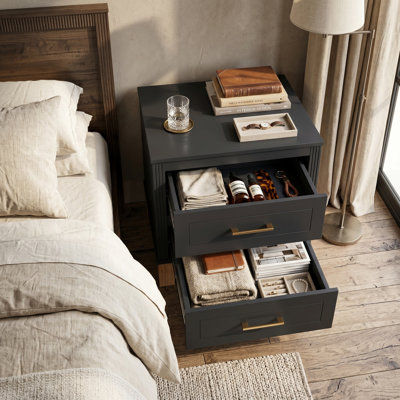 Table de chevet noire en bois massif avec 2 tiroirs, poignée en métal