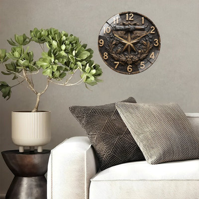 Clock Face Star Wings Wreath Scroll Art - 12'' Modern Glass Wall Clock