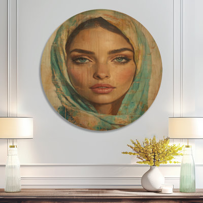 Voile turquoise - Portrait de femme, impression d'art mural ronde en bois