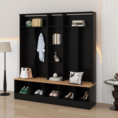 Arbre d'entrée large avec banc de rangement, armoire à chaussures minimaliste avec rangement cubique et tablettes