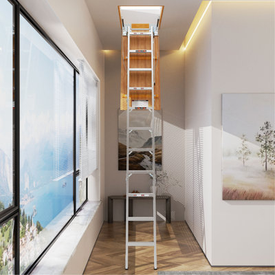 Aluminum Attic Ladder 350-Pound Capacity 22 1/2" X 54" Opening 7-10Ft Ceiling