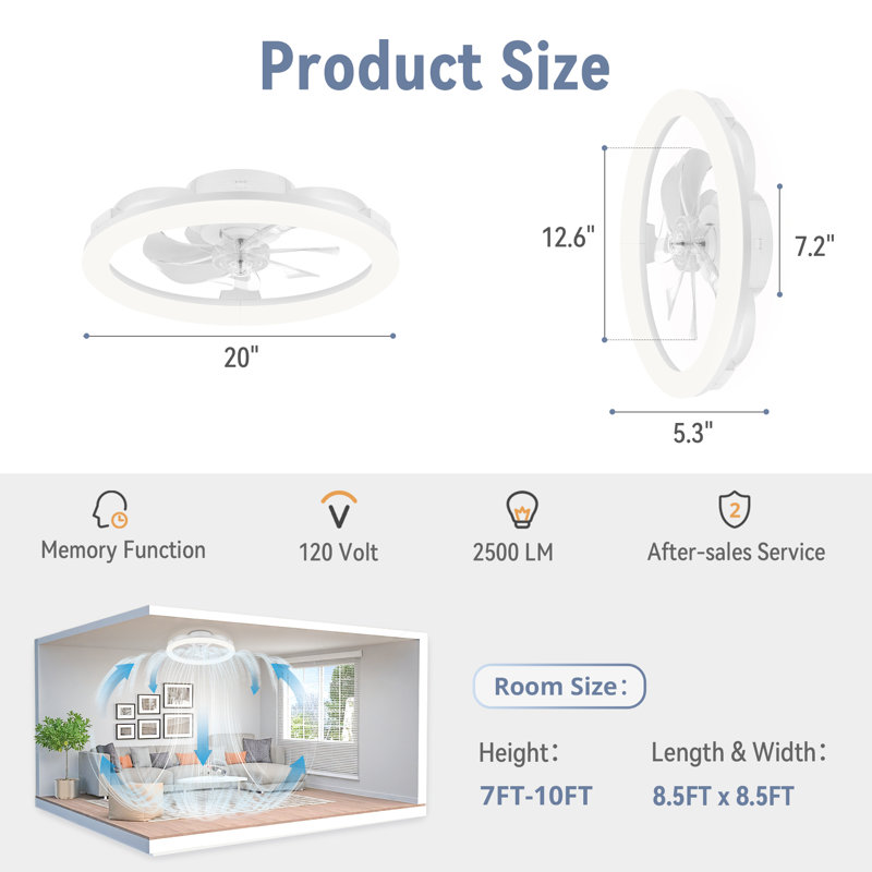  20" Modern White Flush Mount Ceiling Fan with Adjustable Led Light for Bedrooms & Small Spaces, White