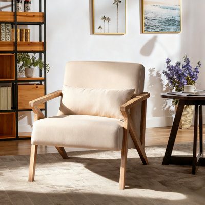 Markiest 34" Wide Upholstered Linen Blend Accent Chair with Wooden Legs and One Pillow