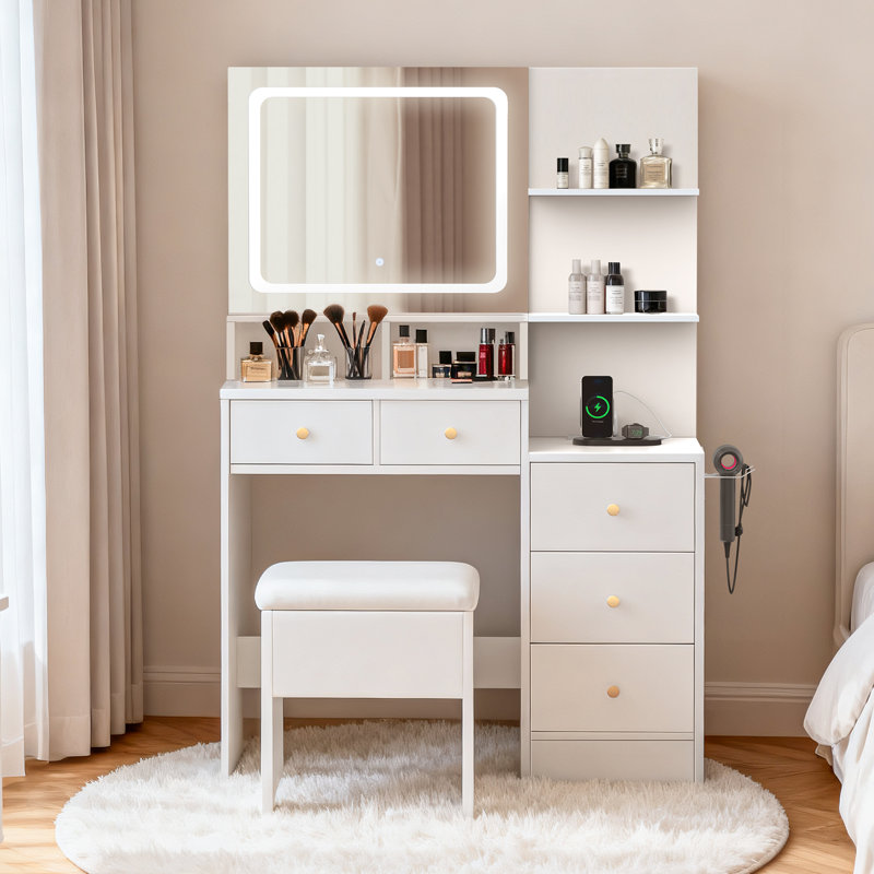 SOGO Makeup Vanity Desk Set with Mirror amd LED Lights, White Vanity Table with Chair, Charging Station, 3 Open Storage Shelves & 4 Drawers, Dressing Table with 3 Color Modes & Adjustable Brightness for Bedroom