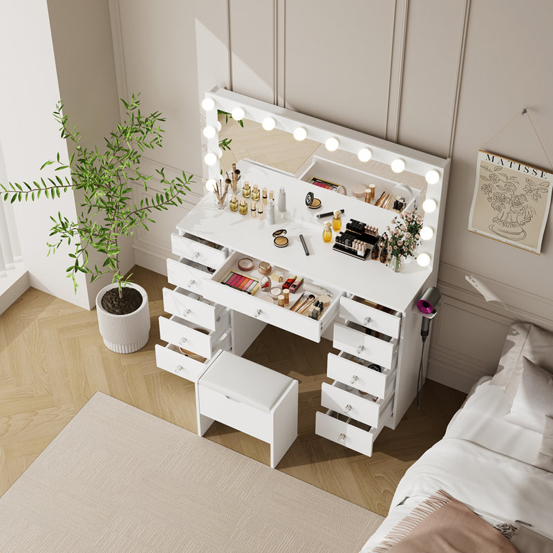 ​​Greyden Makeup Vanity Set with 11 Drawers and Outlets, Dresser with 10X Magnifying Mirror for Bedroom, White