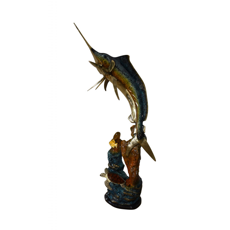 Poisson et tortue Marlin nageant dans l'océan, taille de bronze taille 20 po x 18 po x H 53 po
