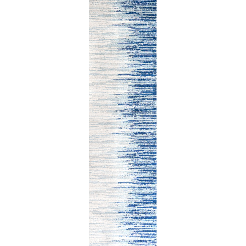 Yerkes Linear Modern Half-Stripe Blue/Cream Rug, Runner 2'3" x 8'