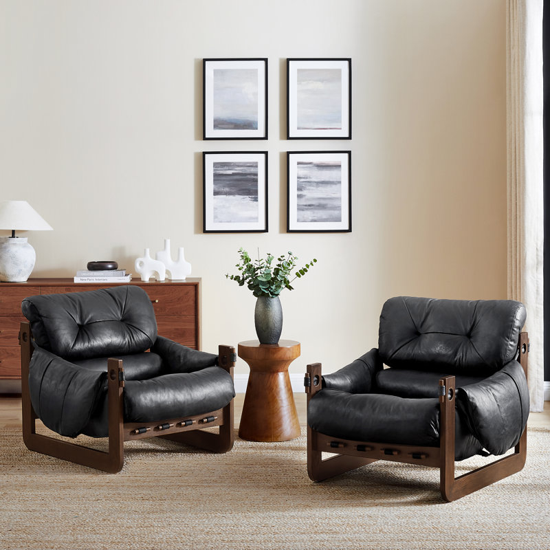 Esmiralda 35.83'' W Top-grain Genuine Leather Accent Lounge Armchair with Ash Wood Frame, Black