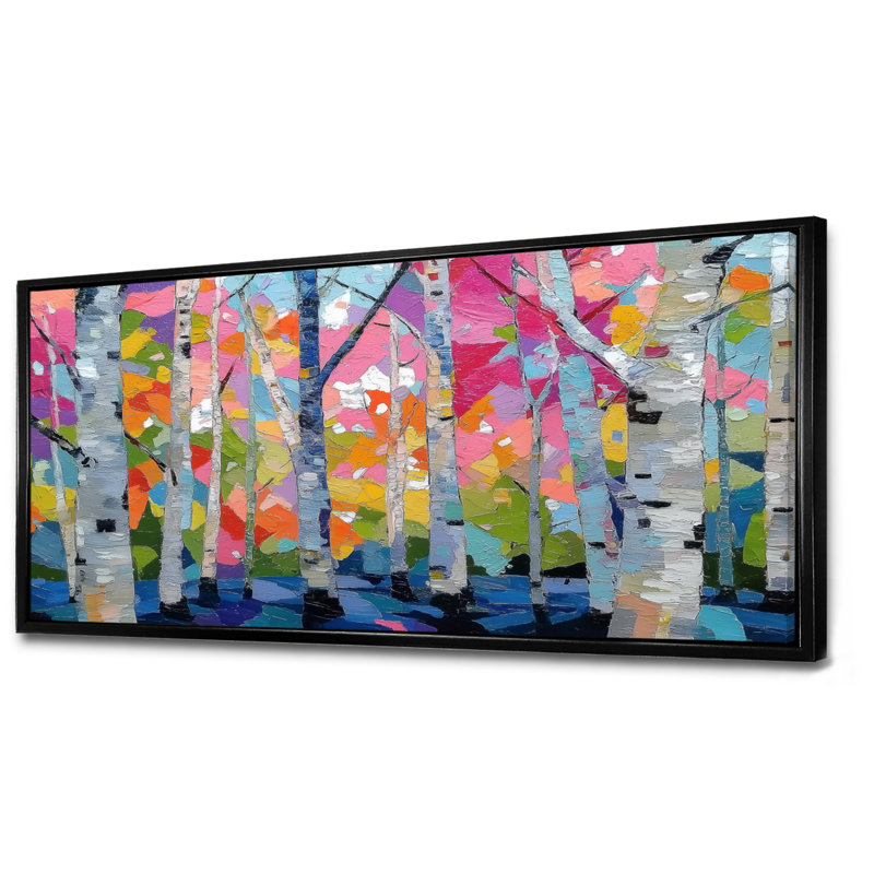«Pink Orange Vibrant Birch Forest», impression d'art sur toile rose nature, H 28 po x l 60 po, Cadre flottant, Noir