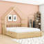 Grand lit plateforme en bois en forme de maison avec tiroirs de rangement et garde-corps-2065761209