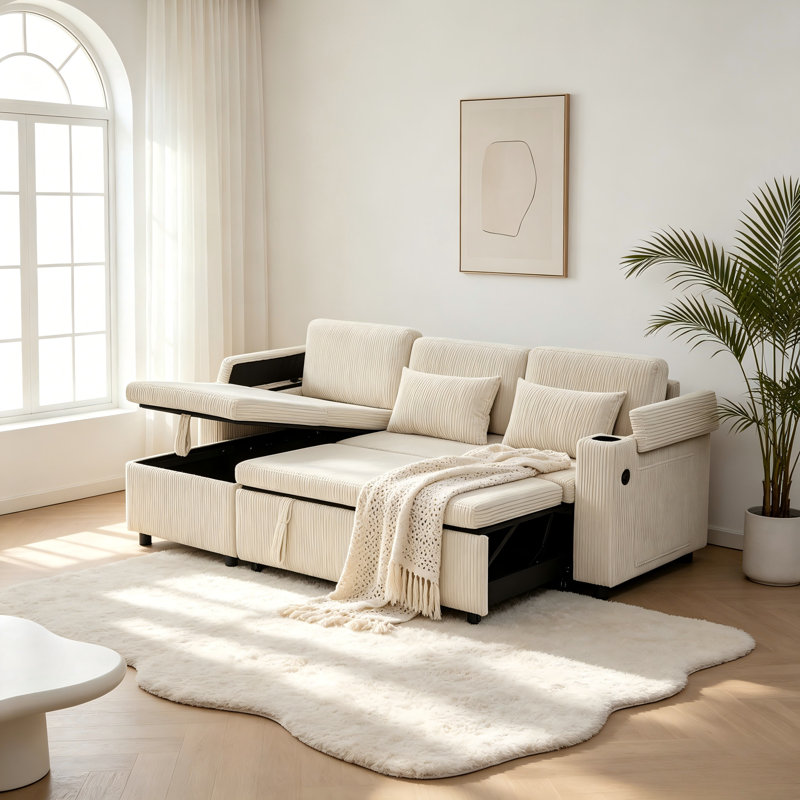 3 Seater Corduroy Sofa & Chaise, Beige