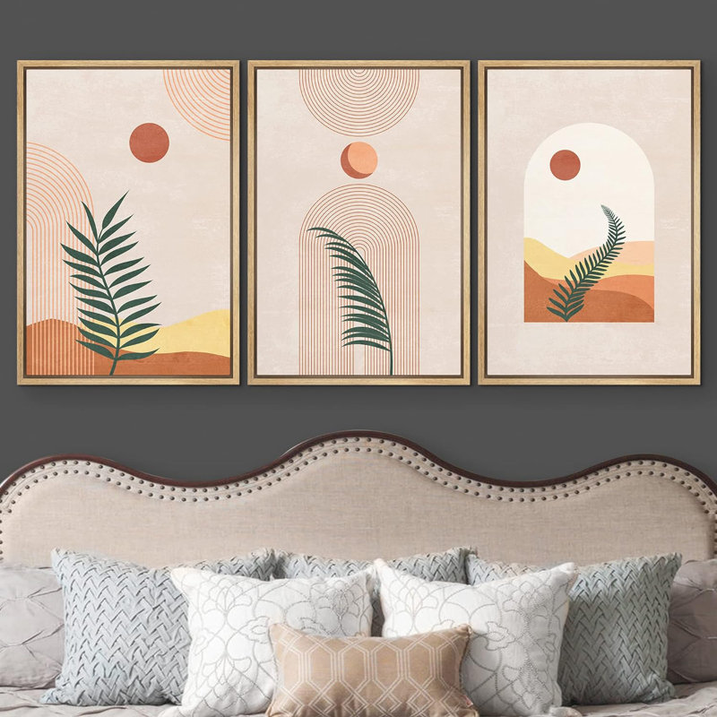 Bohemian-style Plants " Boho Mid-Century Geometric Jungle Palm Tree Desert Abstract Illustrations Modern Art Landscape " 3 - Pieces