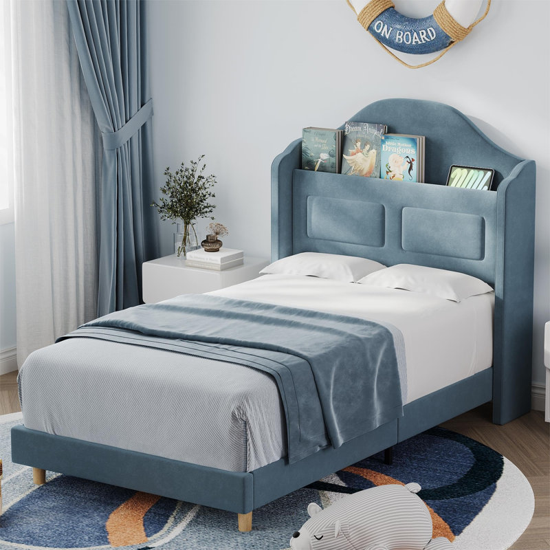Twin Bed Frame with LED Lights, Velvet Upholstered Wingback Storage Headboard, No Box Spring Needed, Blue