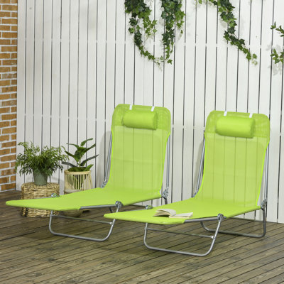 Outdoor Lounge Chairs With Pillows, 6 Reclining Back, Foldable For Beach, Yard, Patio Pool Sun Chairs, 2 Piece, Adjustable , Breathable Mesh Seat