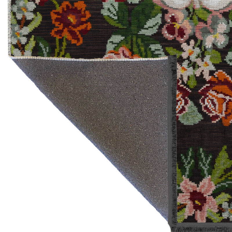 Tapis décoratif moderne rouge-rose à motif floral et rose à franges, Rectangle 4 pi 7,12 po x 6 pi 6,74 po
