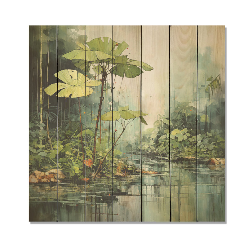Tropical Jungle River II - Tropical côtier sur bois, H 15 po x l 15 po