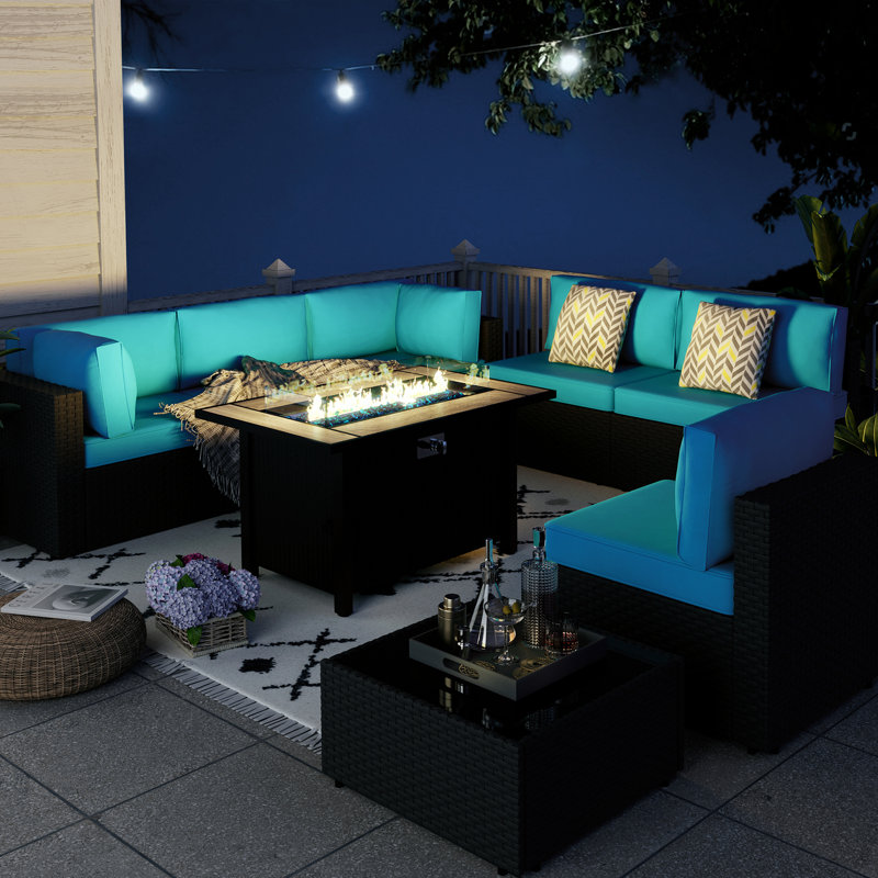 Bushrah 6-Person Outdoor Patio Seating Group with Cushions and Fire Pit Table, Blue, Black
