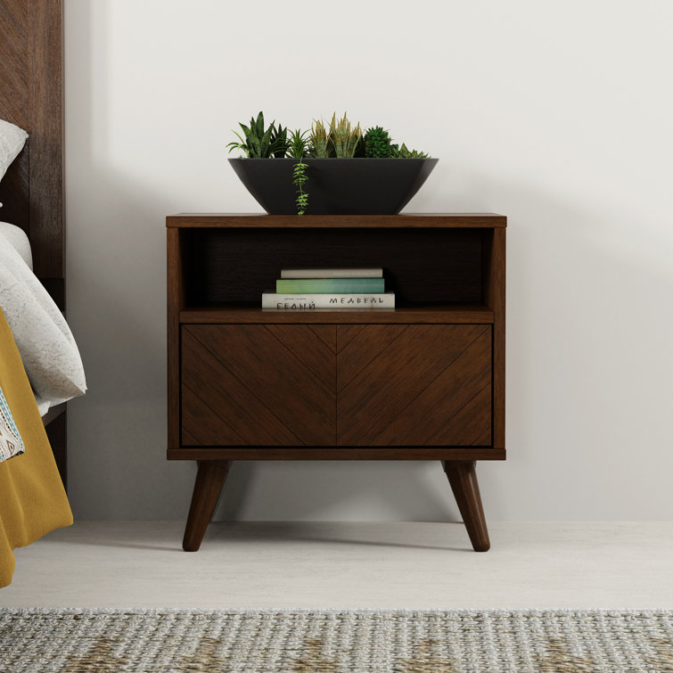 Aydelis Wooden Chevron Nightstand with Shelf and Drawer Wade Logan Color: Walnut