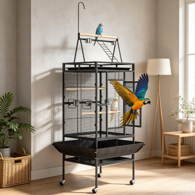 Grande cage à oiseaux sur pied 67 po, cage à perroquet en fer forgé avec plateau de jeu et bols d'alimentation, cage à oiseaux avec plateau escamotable pour perruche inséparable