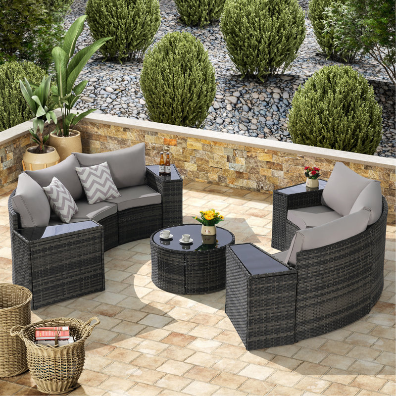 Ensemble de canapé d'extérieur modulaire demi-lune 11 pièces avec table basse ronde en verre trempé, Gris clair