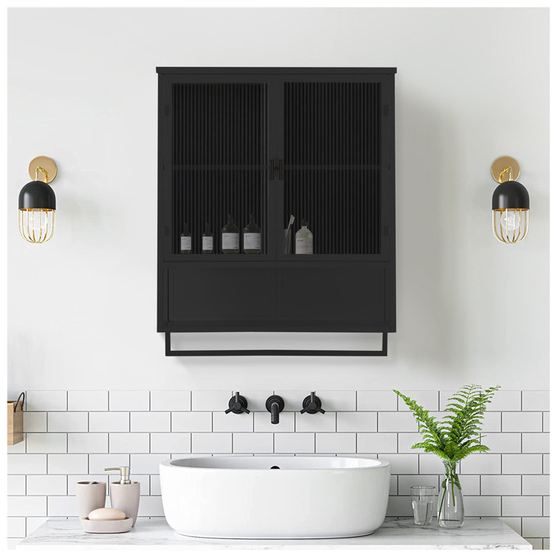 Armoire murale moderne à deux portes noire avec panneaux de verre et cadre en métal