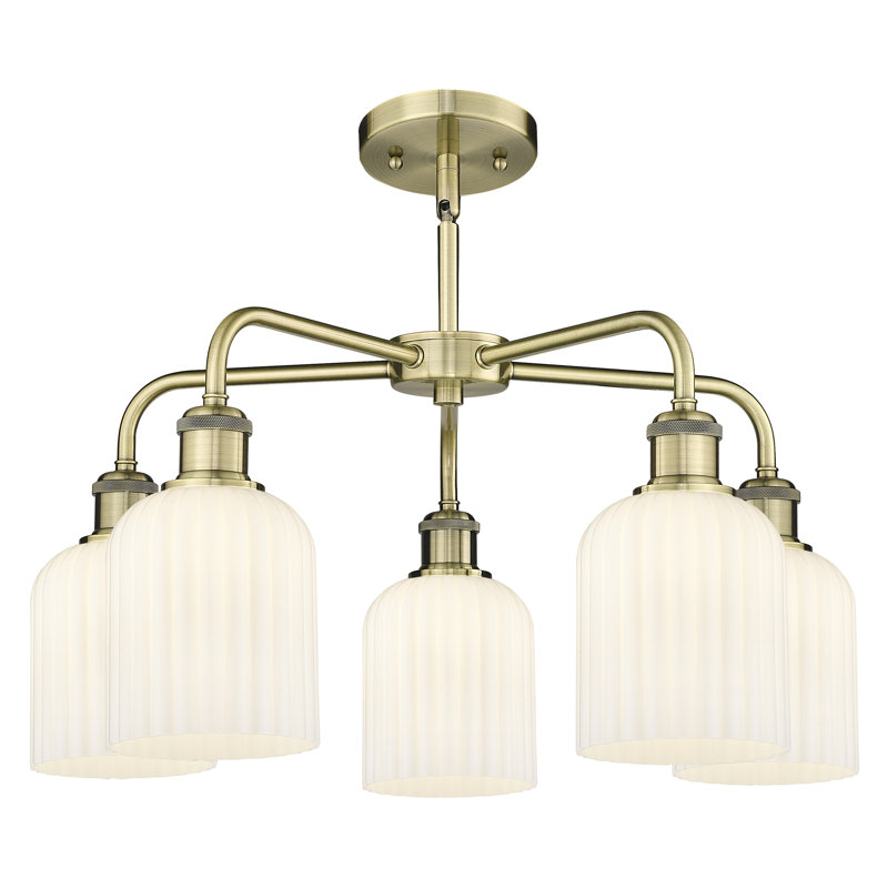 Ballston - Trig - 5 Light 23" Stem Hung Chandelier, Gloss White, Antique Brass