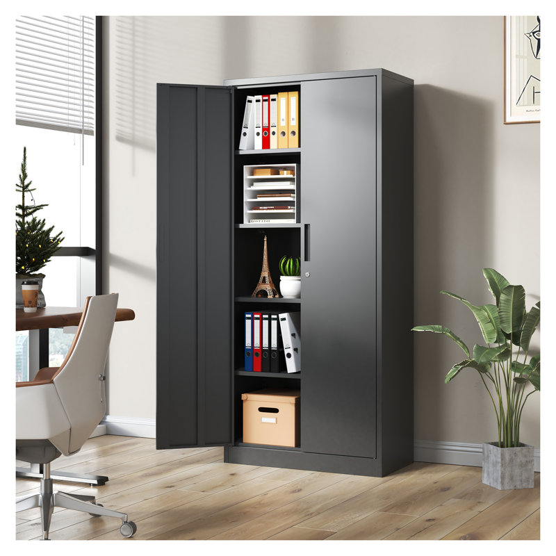 72"H Heavy Duty Metal Garage Storage Cabinet with Lock, Black Steel Lockable Cabinet with 4 Adjustable Shelves - Tall Storage Cabinet for Garage, Home Office, Pantry Organization