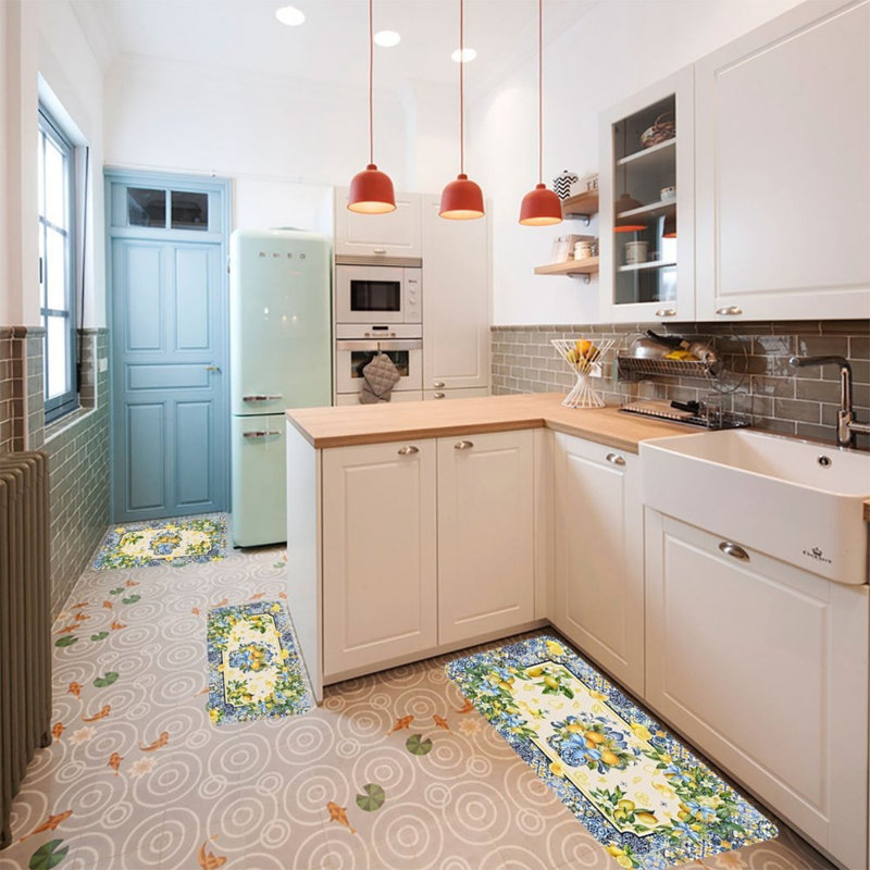 Tapis de cuisine méditerranéen à motif citron bleu