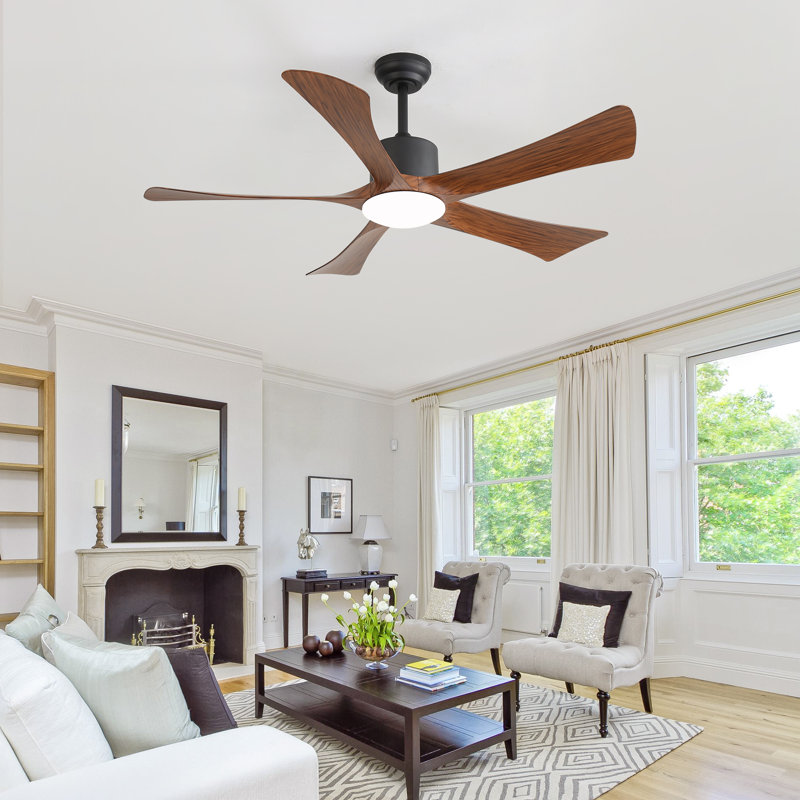 Ferrete 52" Indoor Ceiling Fan With Led Light And Remote, Modern 5-Blade Design Ceiling Fans for Living Room, Walnut