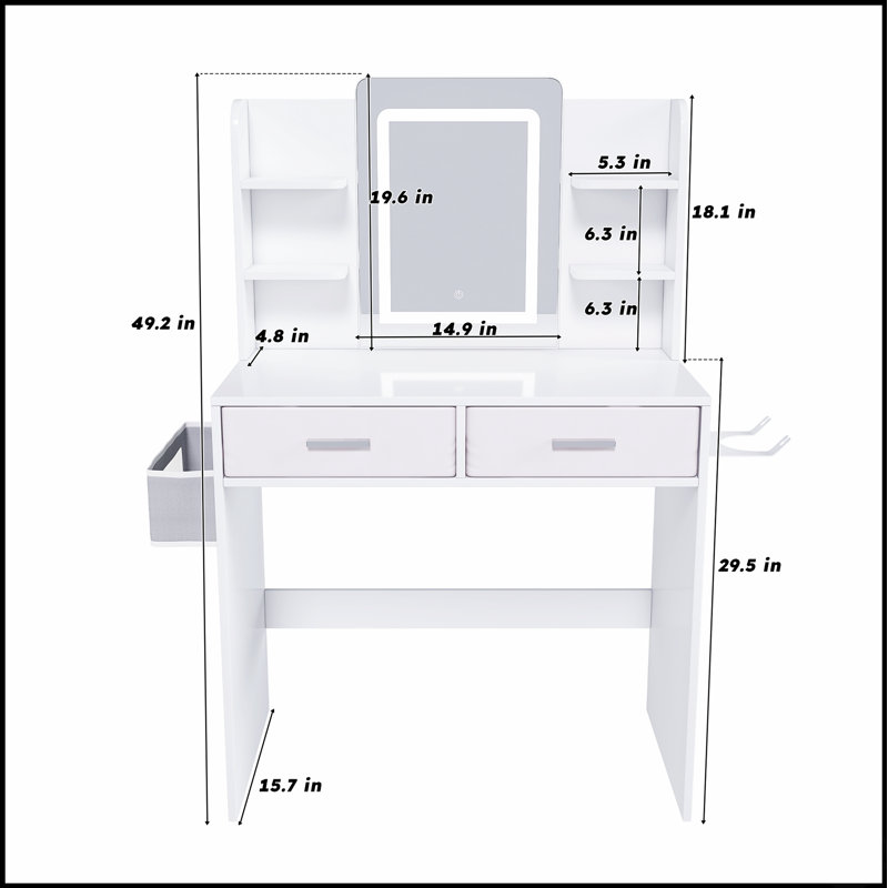 Coiffeuse à miroir à DEL avec lumières réglables 3 couleurs, 2 grands tiroirs, support pour sèche-cheveux et sac de rangement non tissé pour femmes et filles