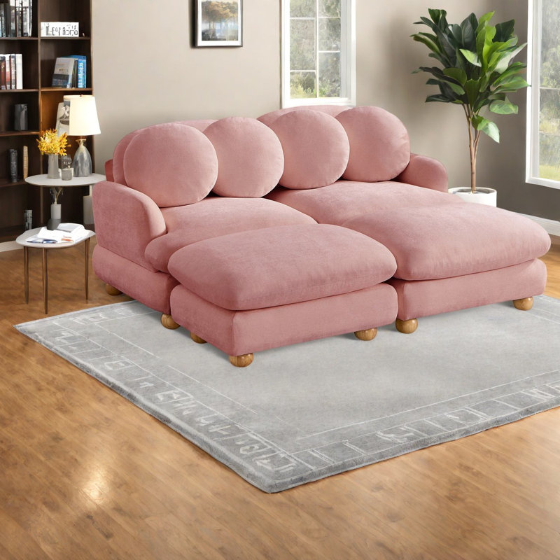 Canapés en chenille rose comprimée, 4 places, structure en bois massif, salon moderne, Pink